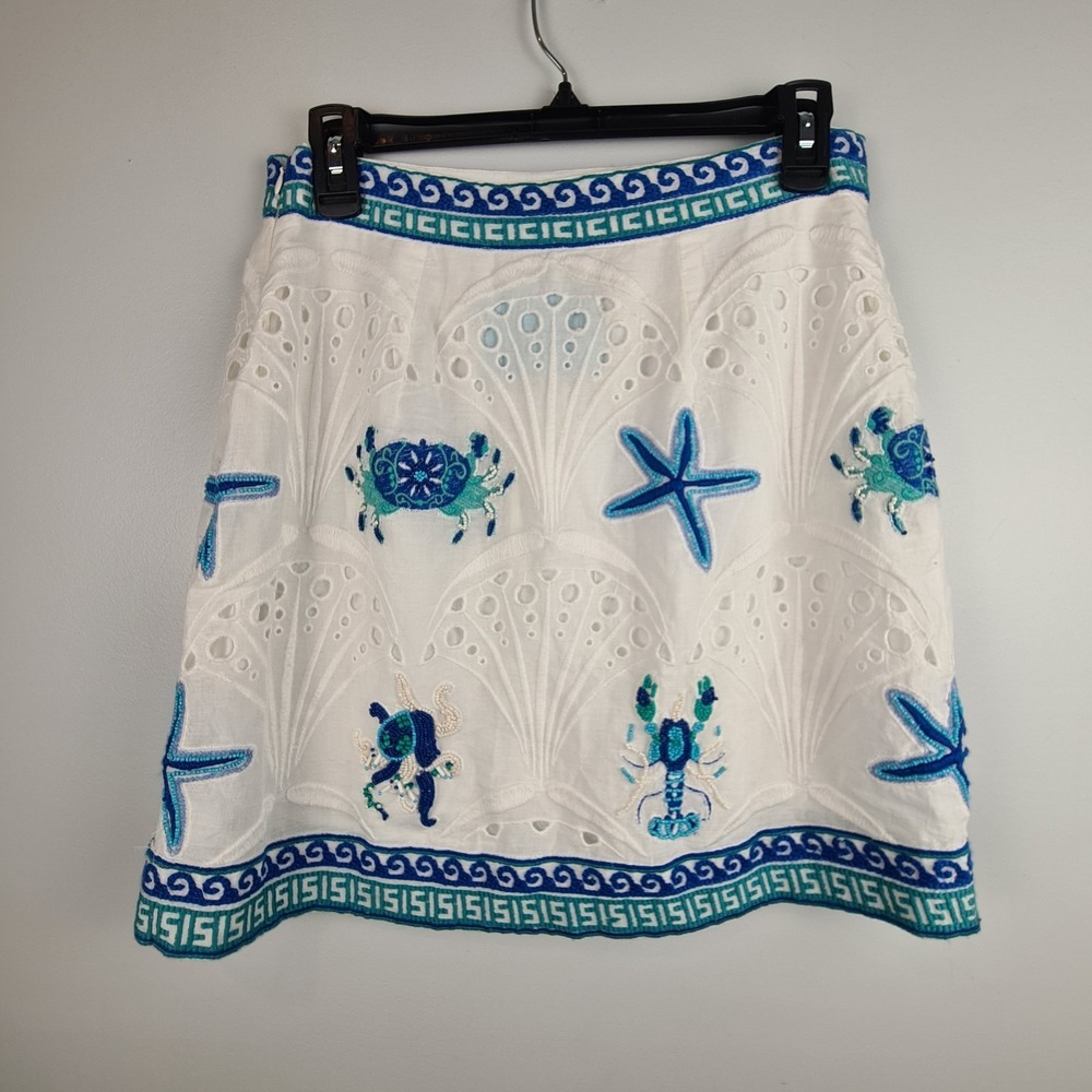 Maeve Anthropologie White Skirt 8 Ocean Animal Nautical Embroidered Bead Eyelet - Picture 7 of 11